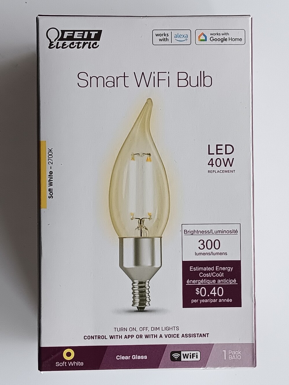 FEIT Electric Smart Wifi LED Lightbulb 40W 300 Lumens Soft White Boxed